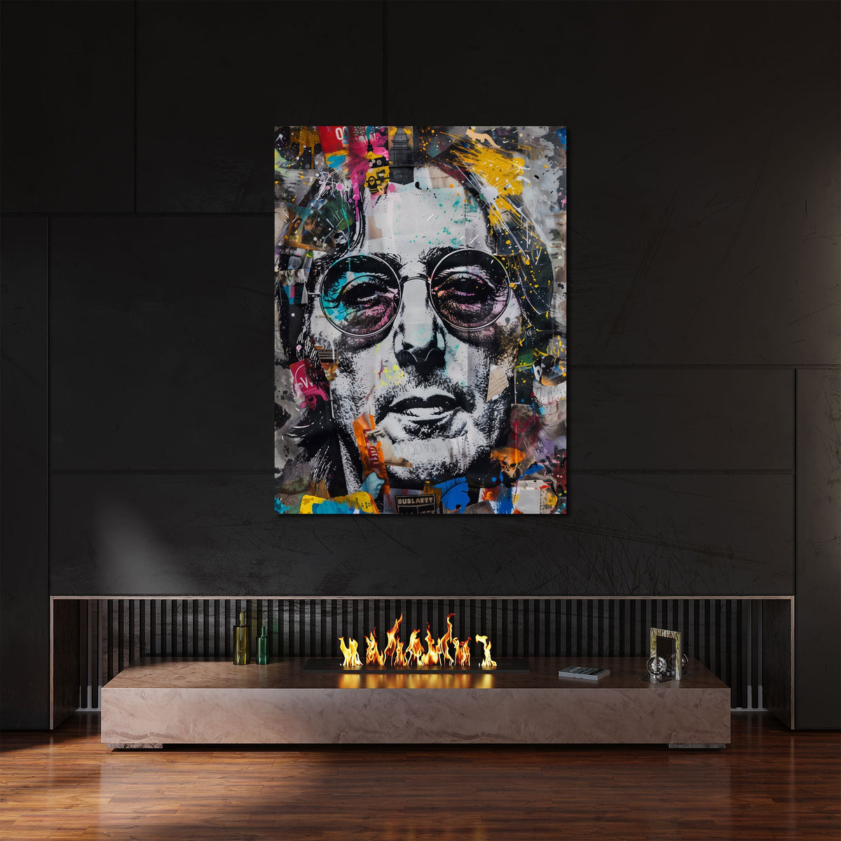Street Art Porträt Wandbild über einem Sofa im Wohnraum