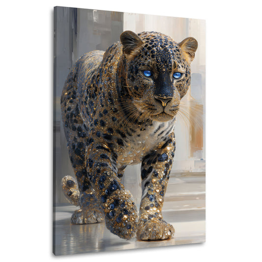 Leopard mit blauen Augen in edler Kristalloptik Wandbild