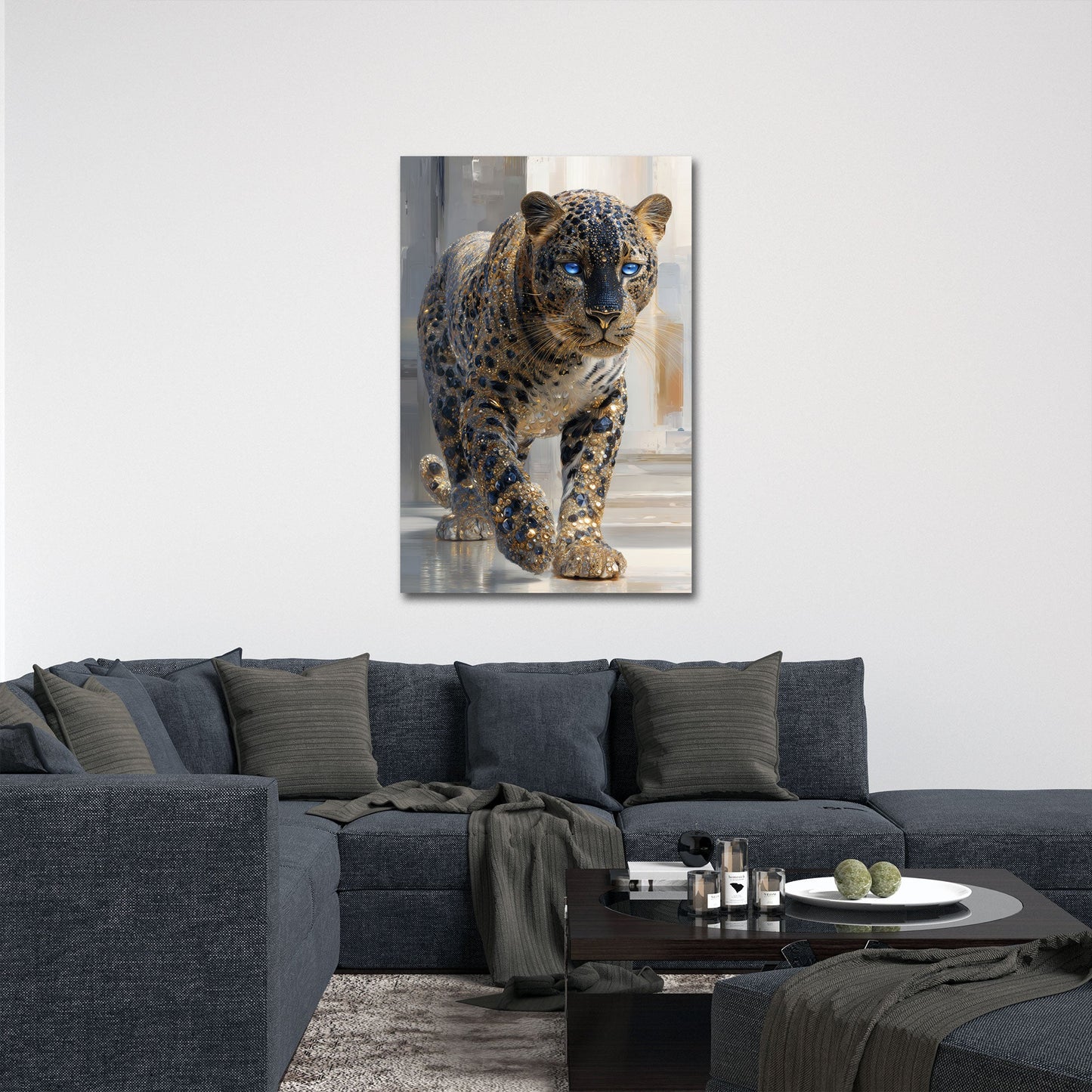 Leopard mit blauen Augen in edler Kristalloptik Wandbild