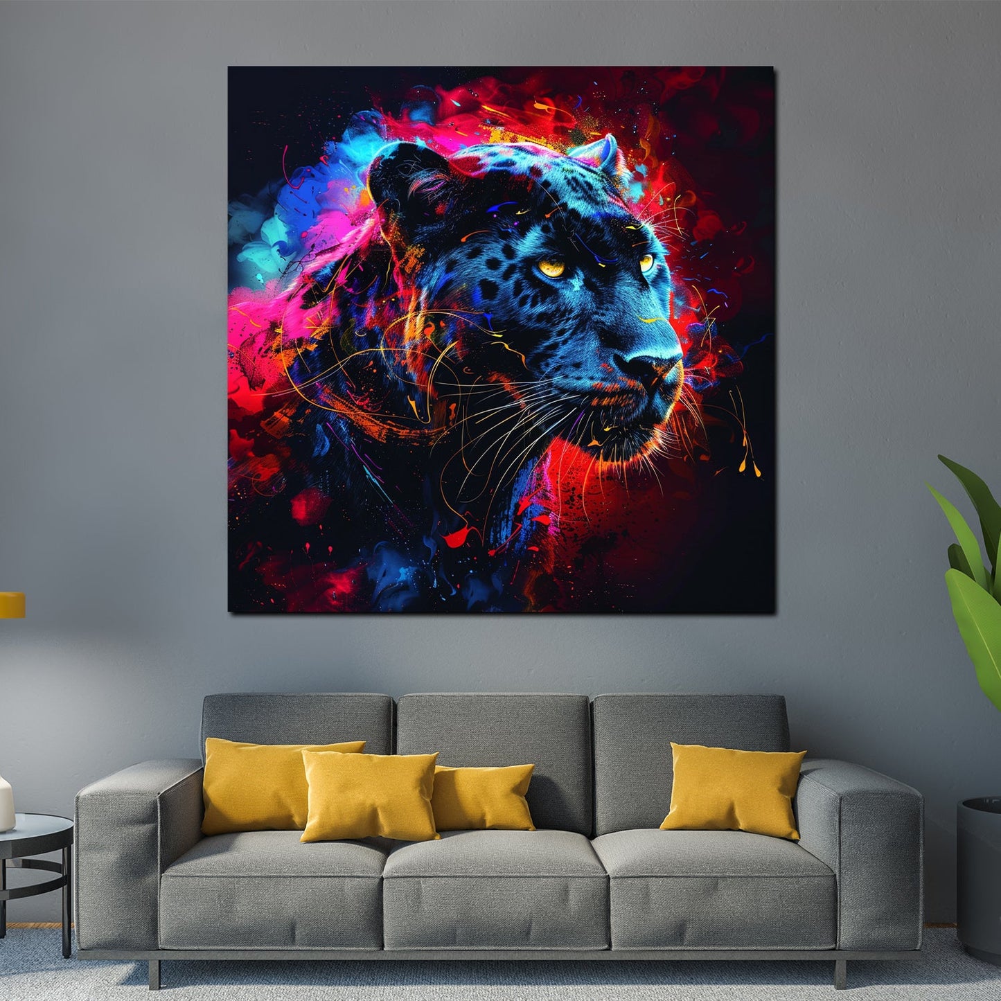 Leopard Portraet im Pop Art Stil auf Alu-Dibond im Wohnraum
