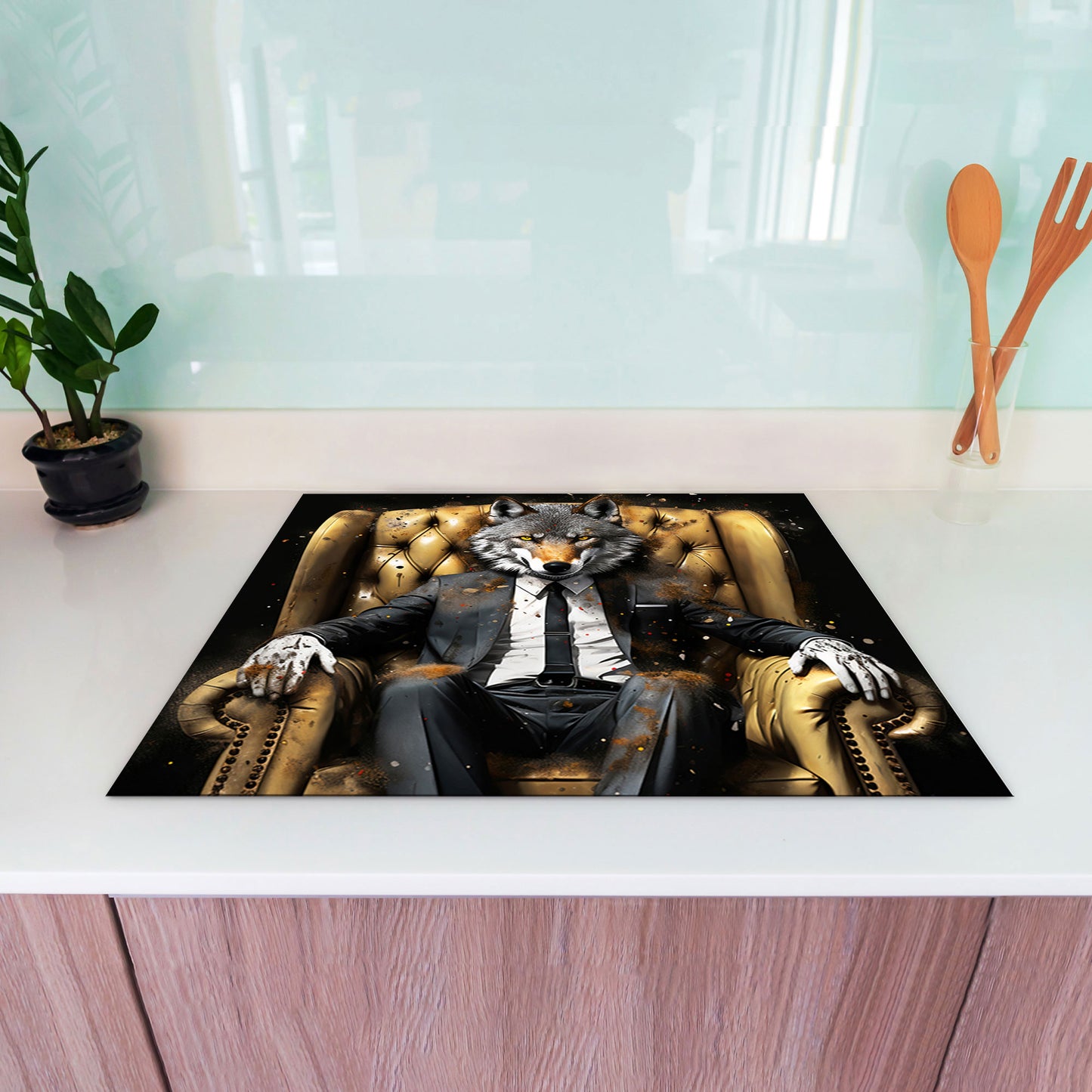 Wolf im Anzug Pop Art Vinyl Herdabdeckplatte Induktionsschutz für Ceranfeld & Küche Deko