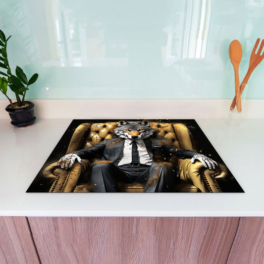 Wolf im Anzug Pop Art Vinyl Herdabdeckplatte Induktionsschutz für Ceranfeld & Küche Deko