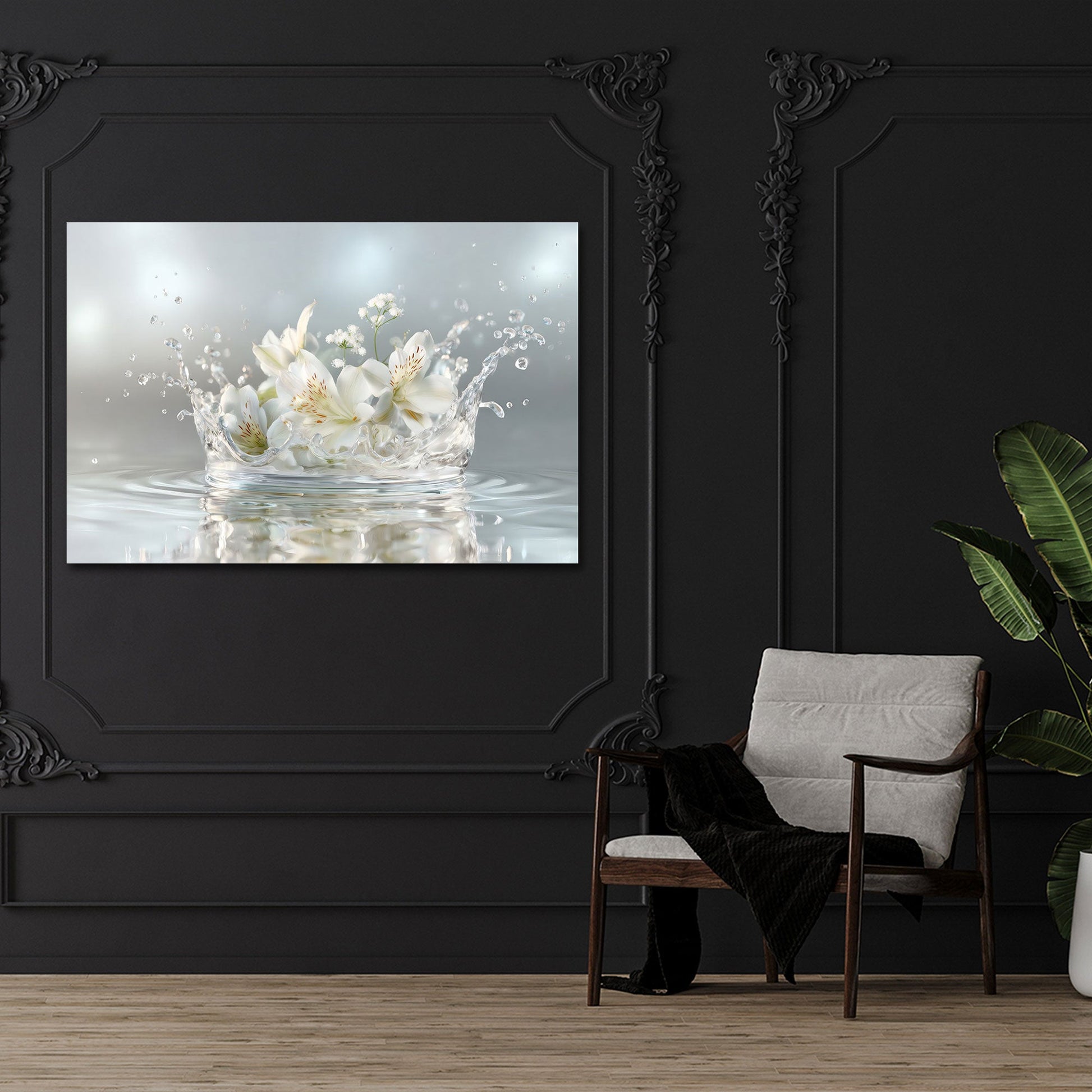 Lilien im Wasser mit eleganten Spritzern Wandbild