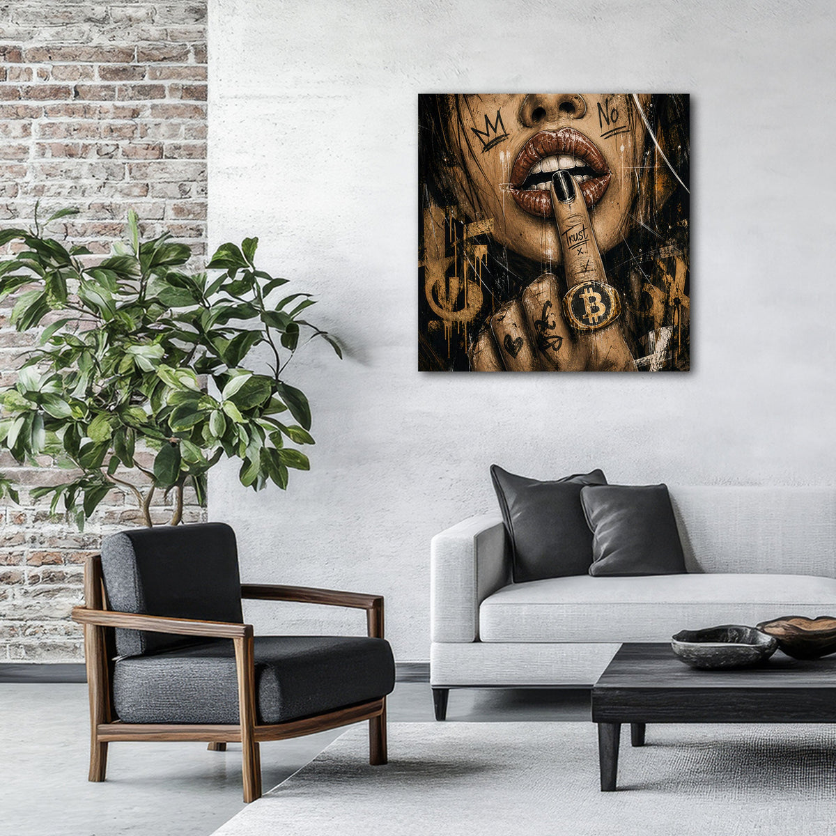 Lippen mit Bitcoin Symbol in Gold Street Art Wandbild