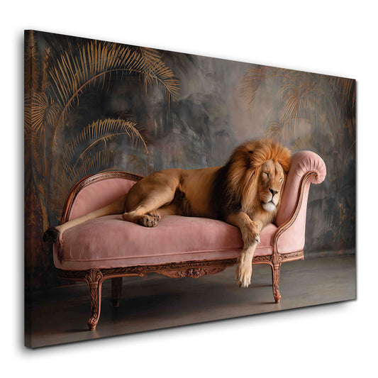 Löwe auf Rosa Samt Sofa Schlafend Eleganz Wandbild