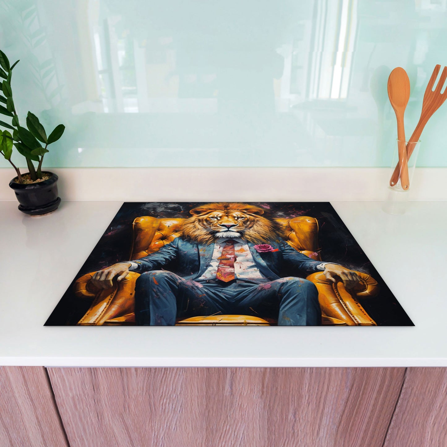 Löwe im Anzug im Sessel Herdabdeckplatte Induktionsschutz für Ceranfeld & Küche Deko