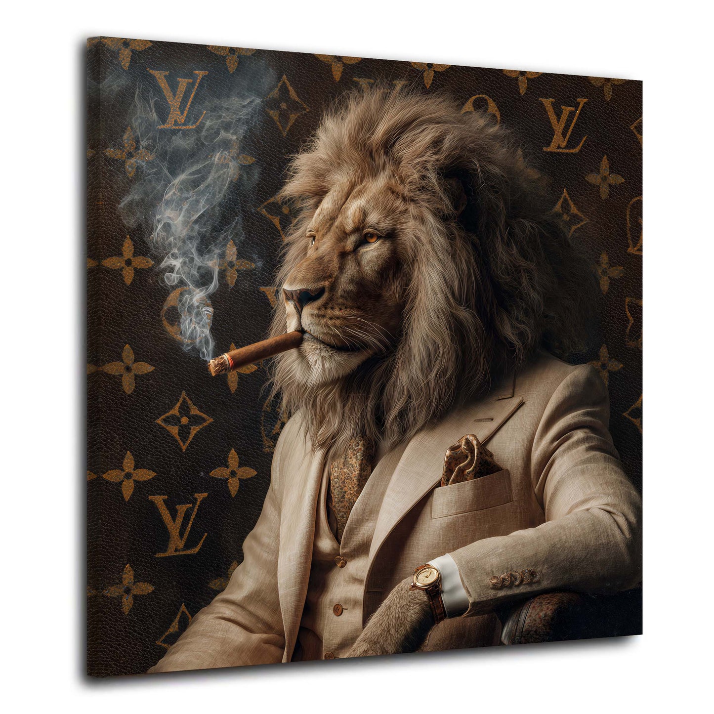 Loewe im Luxusanzug mit Zigarre und Uhr Portraet Wandbild
