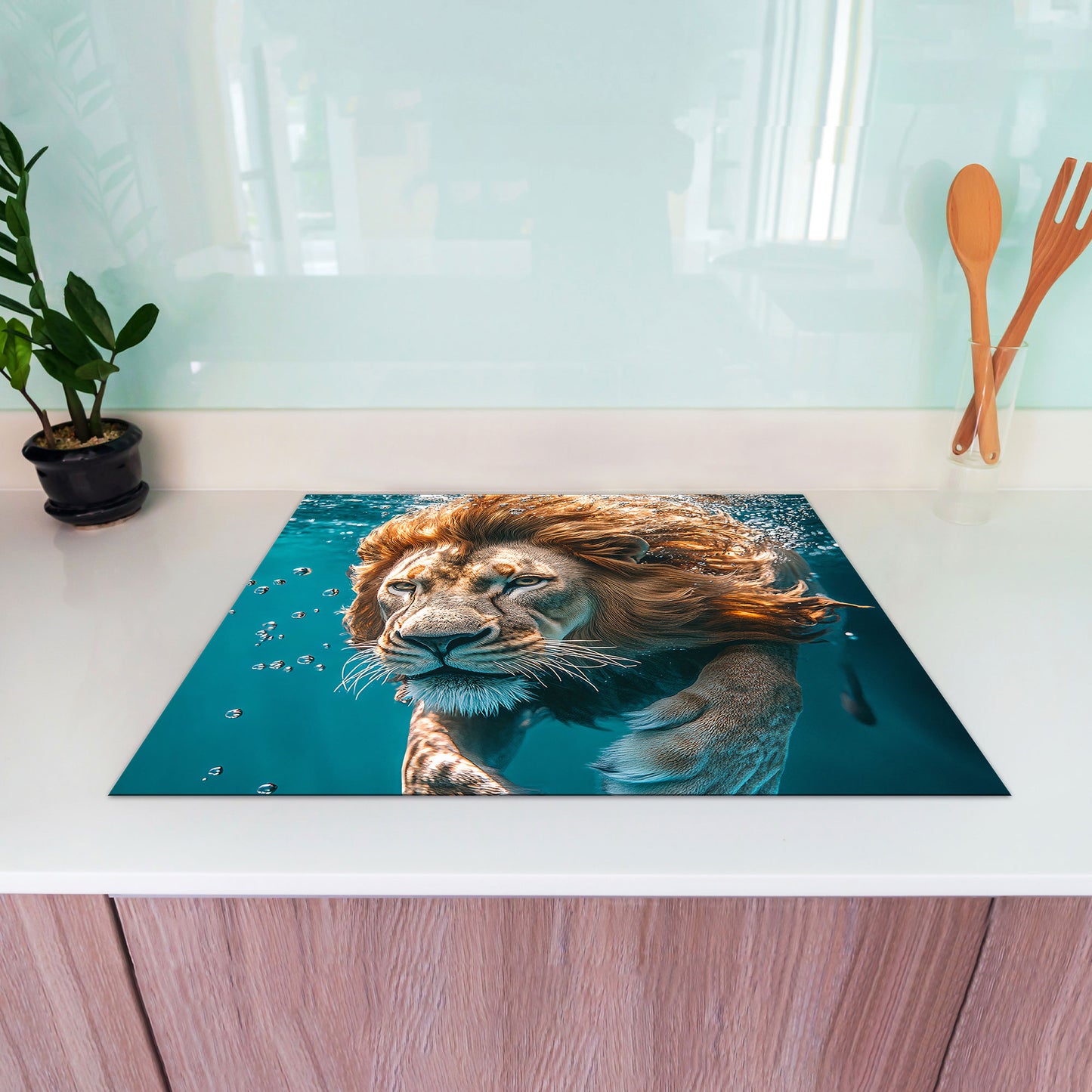 Löwe im Wasser fokussiert Herdabdeckplatte Induktionsschutz für Ceranfeld & Küche Deko