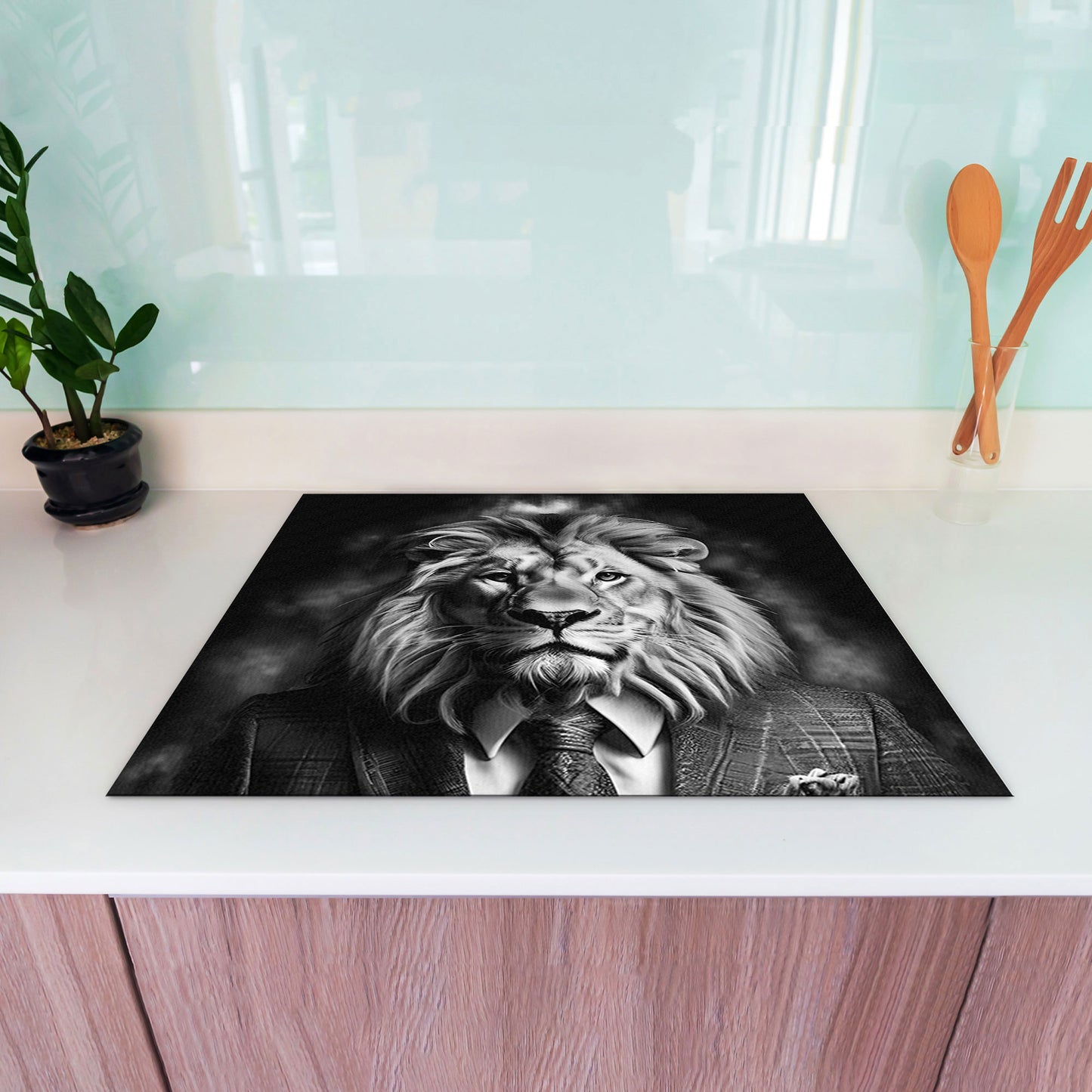 Löwe mit Anzug Pop Art Herdabdeckplatte Induktionsschutz für Ceranfeld & Küche Deko