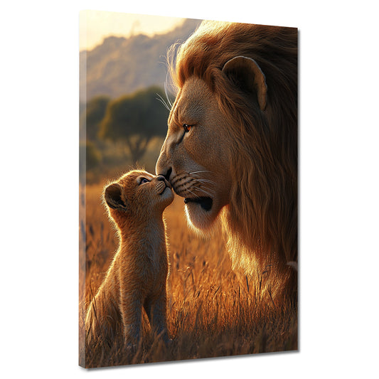 Löwe mit Jungtier Savanne Abendlicht Wandbild