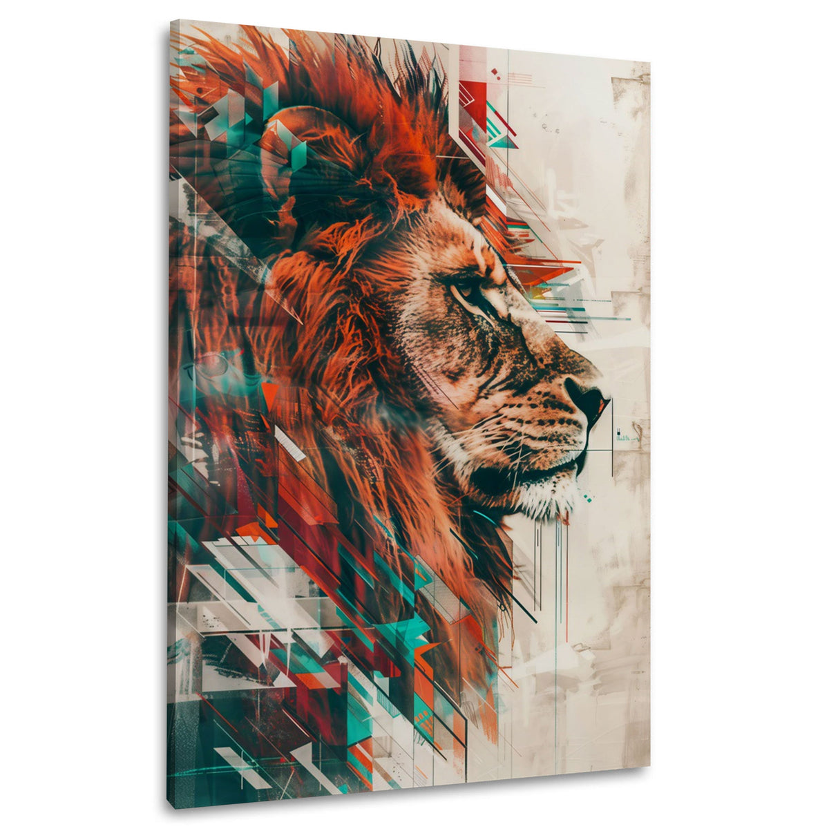 Löwenkopf im Profil mit geometrischen Formen Wandbild im Hochformat