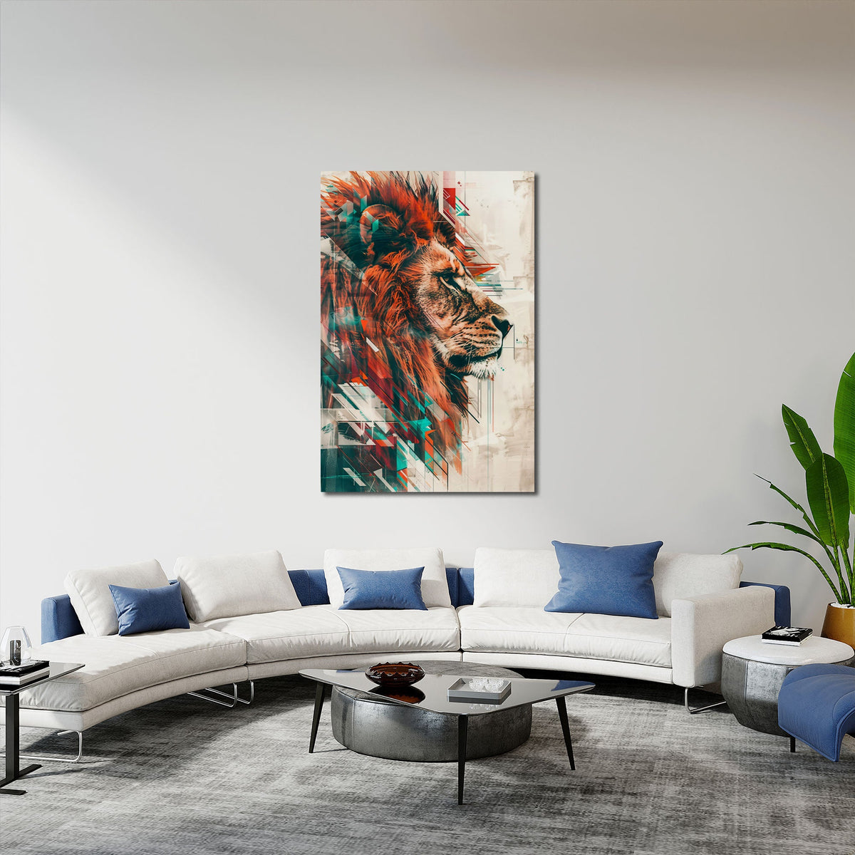 Löwen Wandbild über einem Sofa im Wohnraum