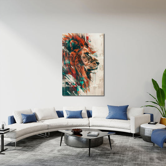 Löwen Wandbild über einem Sofa im Wohnraum