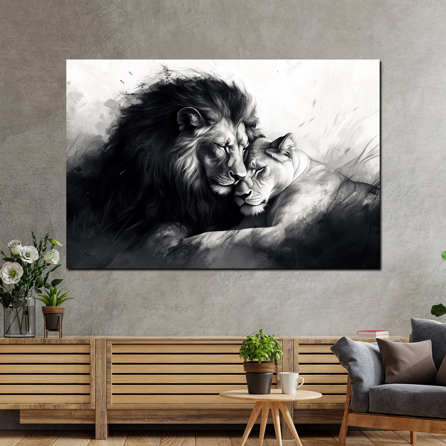 Löwenpaar schwarz weiß Liebe Tiermotiv Wandbild