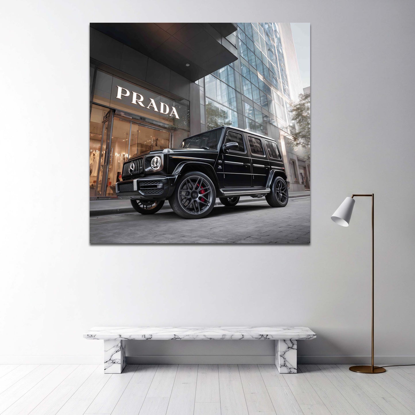 Luxus Auto G-Klasse vor Fashion Store in moderner Stadt Wandbild