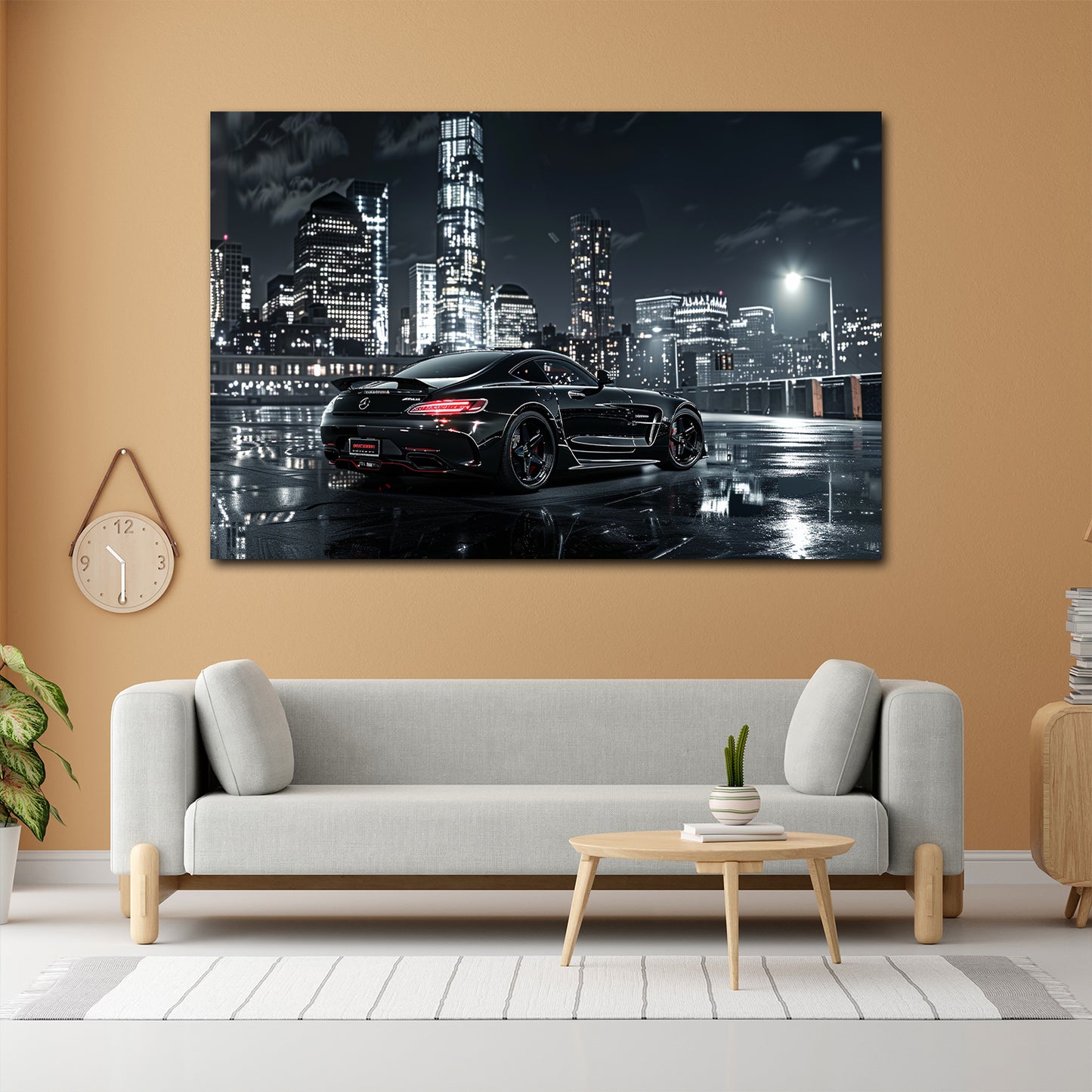Luxus Sportwagen Rückansicht Großstadt bei Nacht Wandbild
