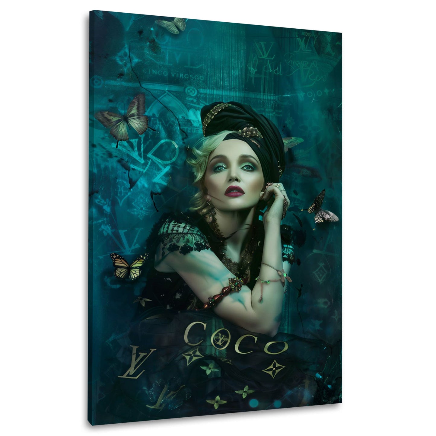 Madonna Fashion Porträt mit Kopfschmuck und Schmetterlingen Wandbild