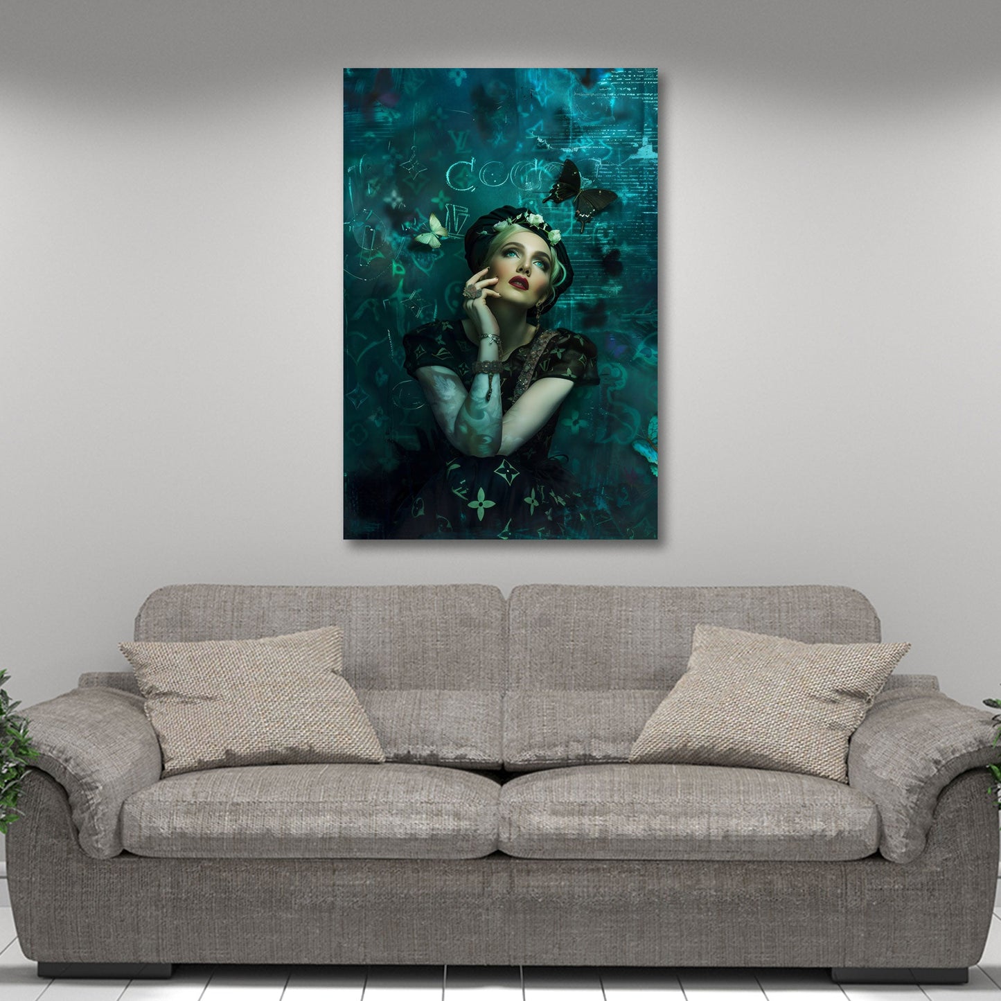 Madonna Fashion Porträt mit Schmetterlingen und elegantem Blick Wandbild