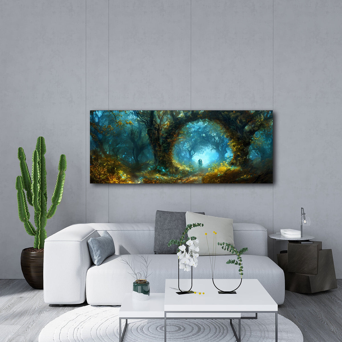 Wald Panorama Wandbild über einem Sofa im Wohnraum