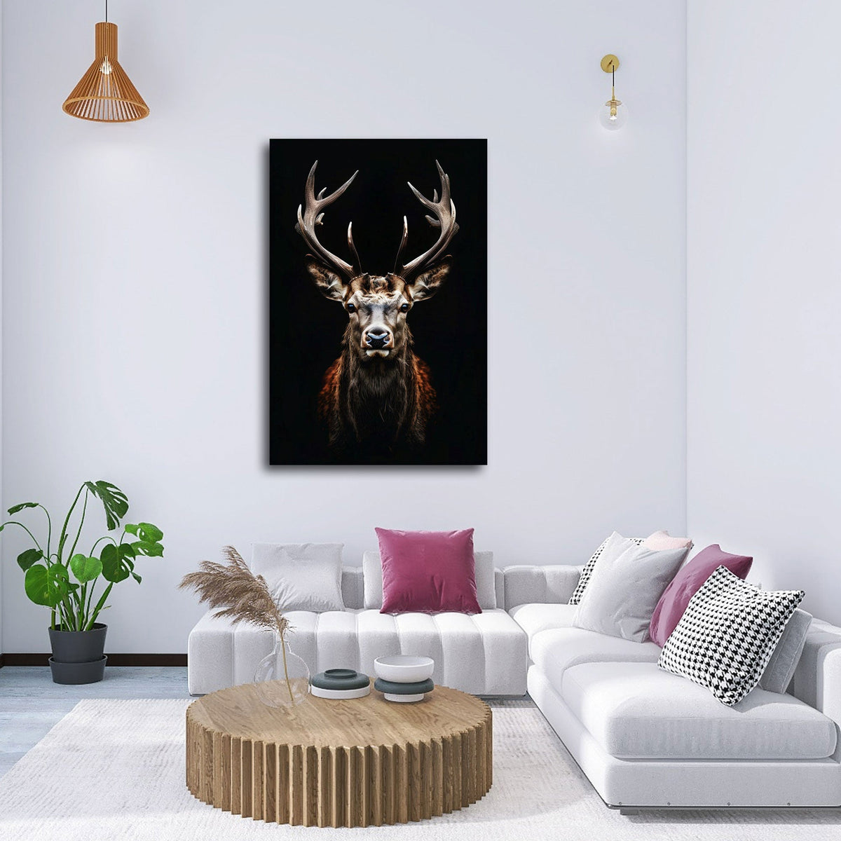 Hirsch Wandbild über einem Sofa im Wohnraum