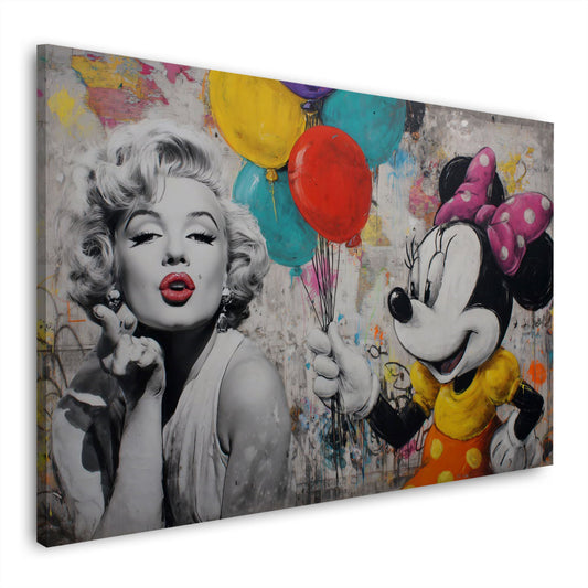 Marilyn in Schwarz-Weiß mit Comic Maus und Ballons Wandbild