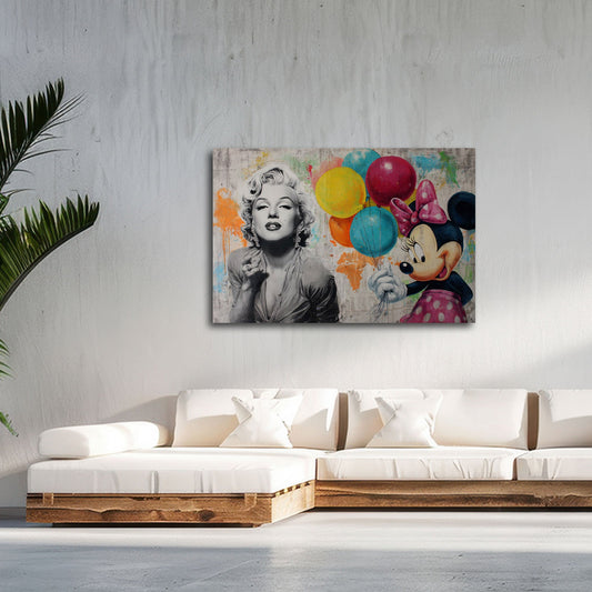 Marilyn mit Comic Maus und roten Luftballons Graffiti Wandbild