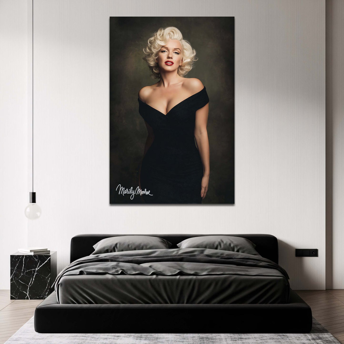 Marilyn Monroe Glamour Portraet im schwarzen Kleid Wandbild
