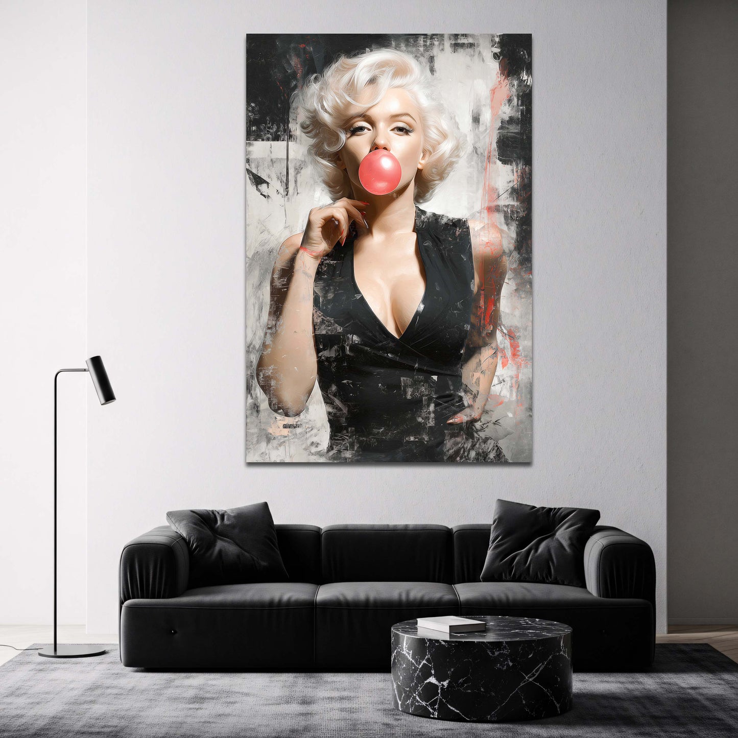 Marilyn Monroe mit Kaugummiblase und roten Akzenten Wandbild