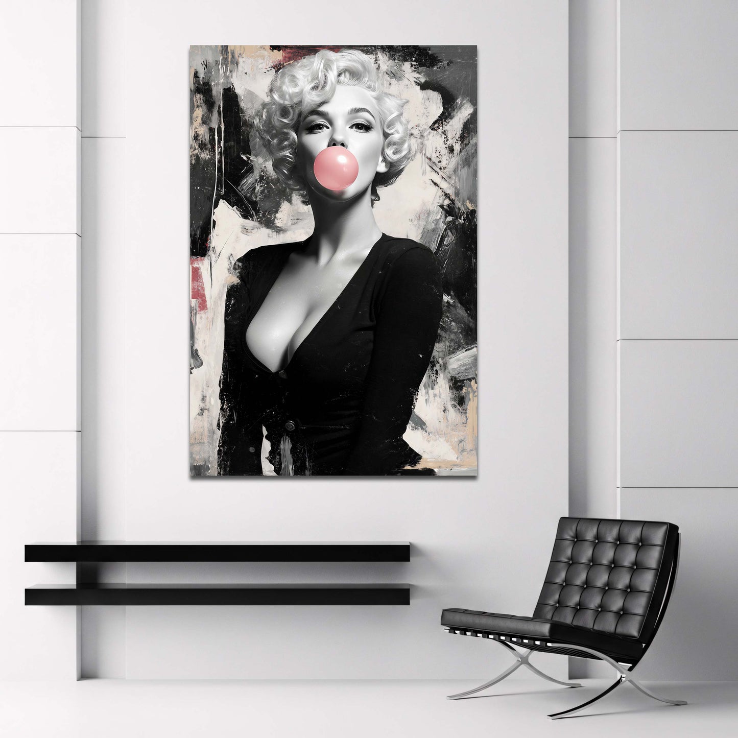 Marilyn Monroe pinke Blase auf abstraktem Grunge Wandbild