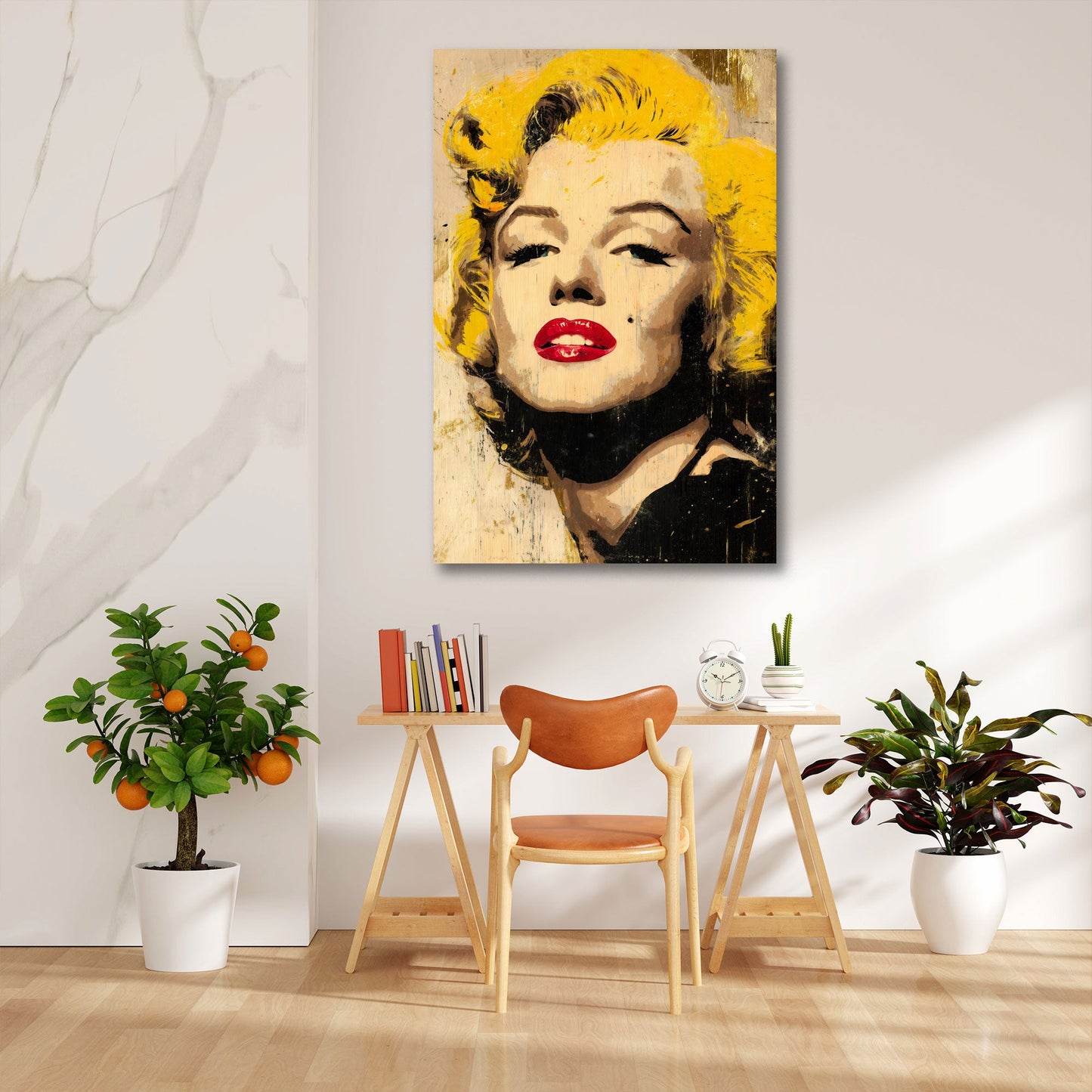 Marilyn Porträt mit goldblonden Haaren und roten Lippen Wandbild