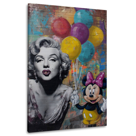 Marilyn und Comic Maus mit bunten Luftballons Graffiti Wandbild