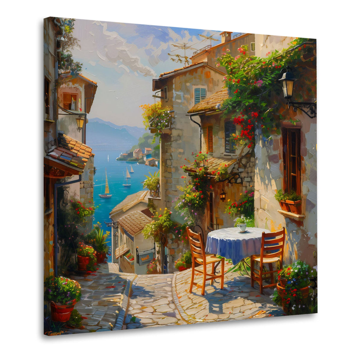 Mediterrane Gasse mit Blumen und Meerblick Wandbild quadratisch