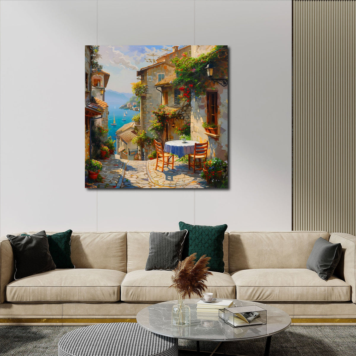 Quadratisches Urlaubs Wandbild an einer Wohnraumwand