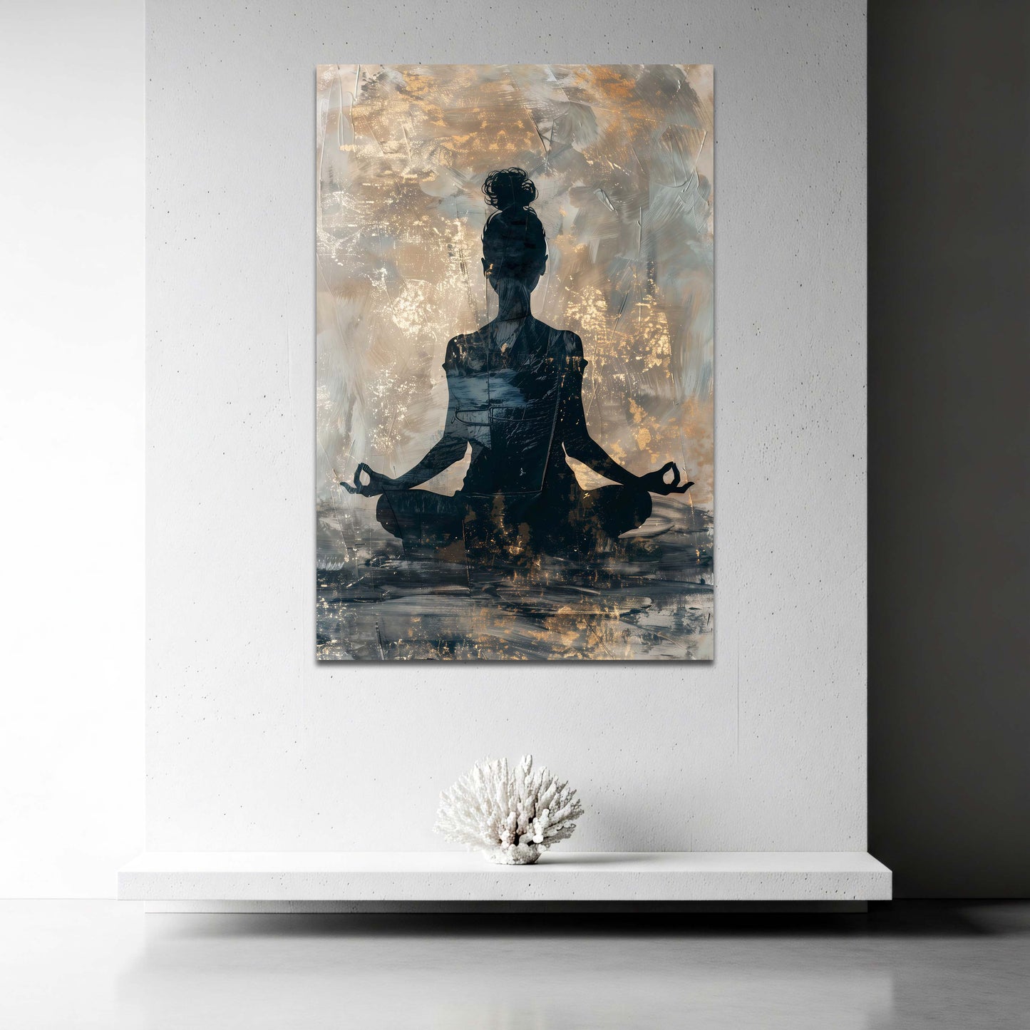 Meditierende Silhouette im Lotussitz goldener Stil Wandbild