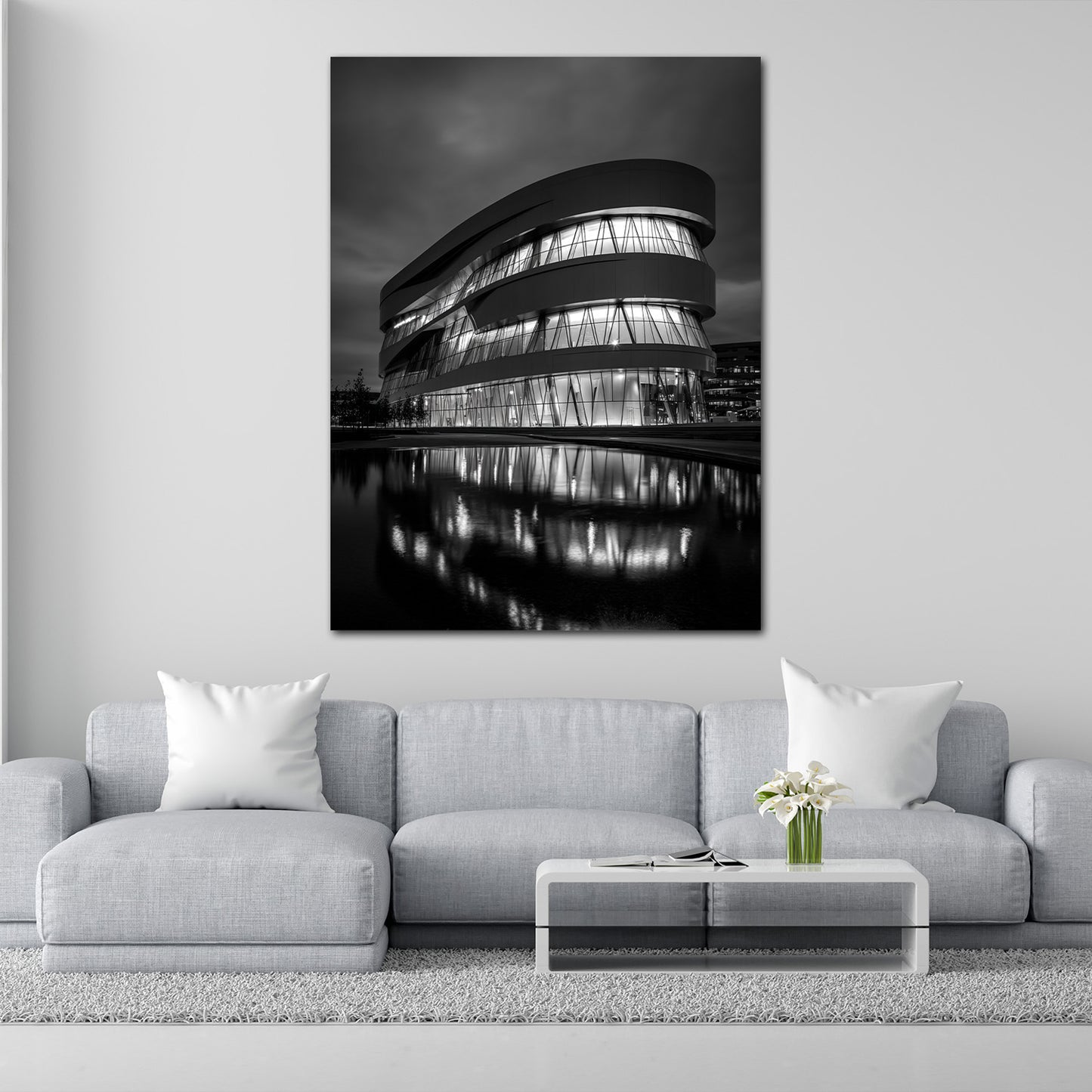 Mercedes Benz Museum Stuttgart Spiegelung schwarz weiß Wandbild