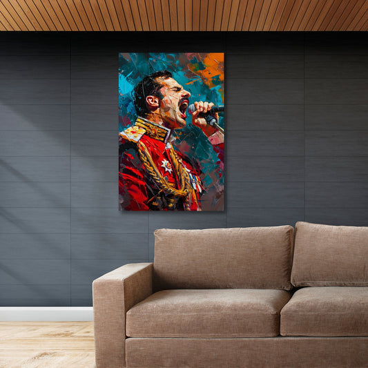 Mercury Musiker Porträt beim Singen auf der Bühne Wandbild im Raum