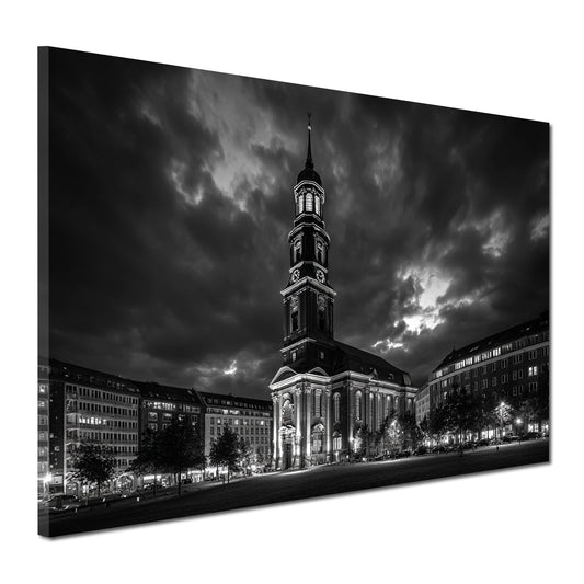 Michel Hamburg schwarz weiß Barockkirche bei Nacht Wandbild