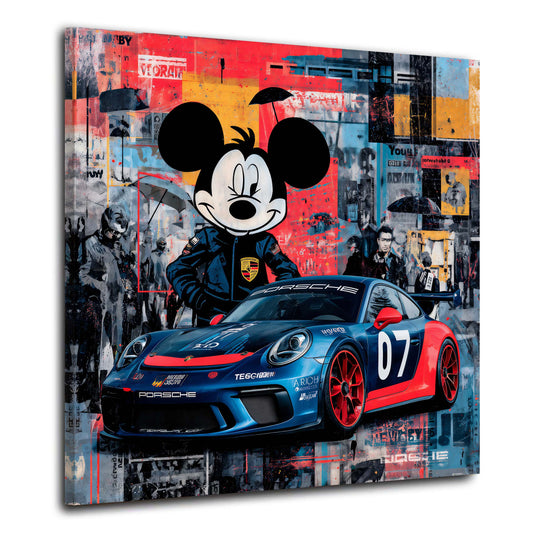 Mickey als Fahrer vor Porsche Racing Car Wandbild