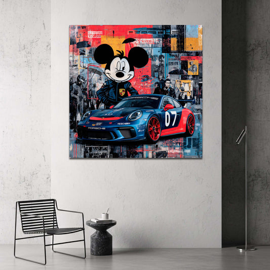 Mickey als Fahrer vor Porsche Racing Car Wandbild