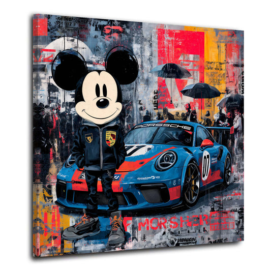 Mickey mit Porsche Rennauto Pop Art Graffiti Wandbild