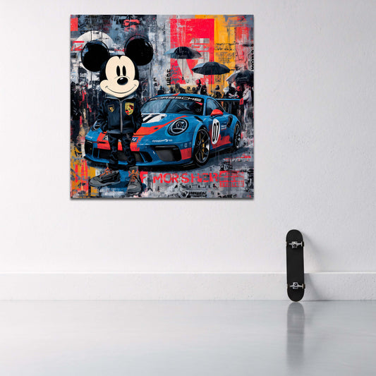 Mickey mit Porsche Rennauto Pop Art Graffiti Wandbild