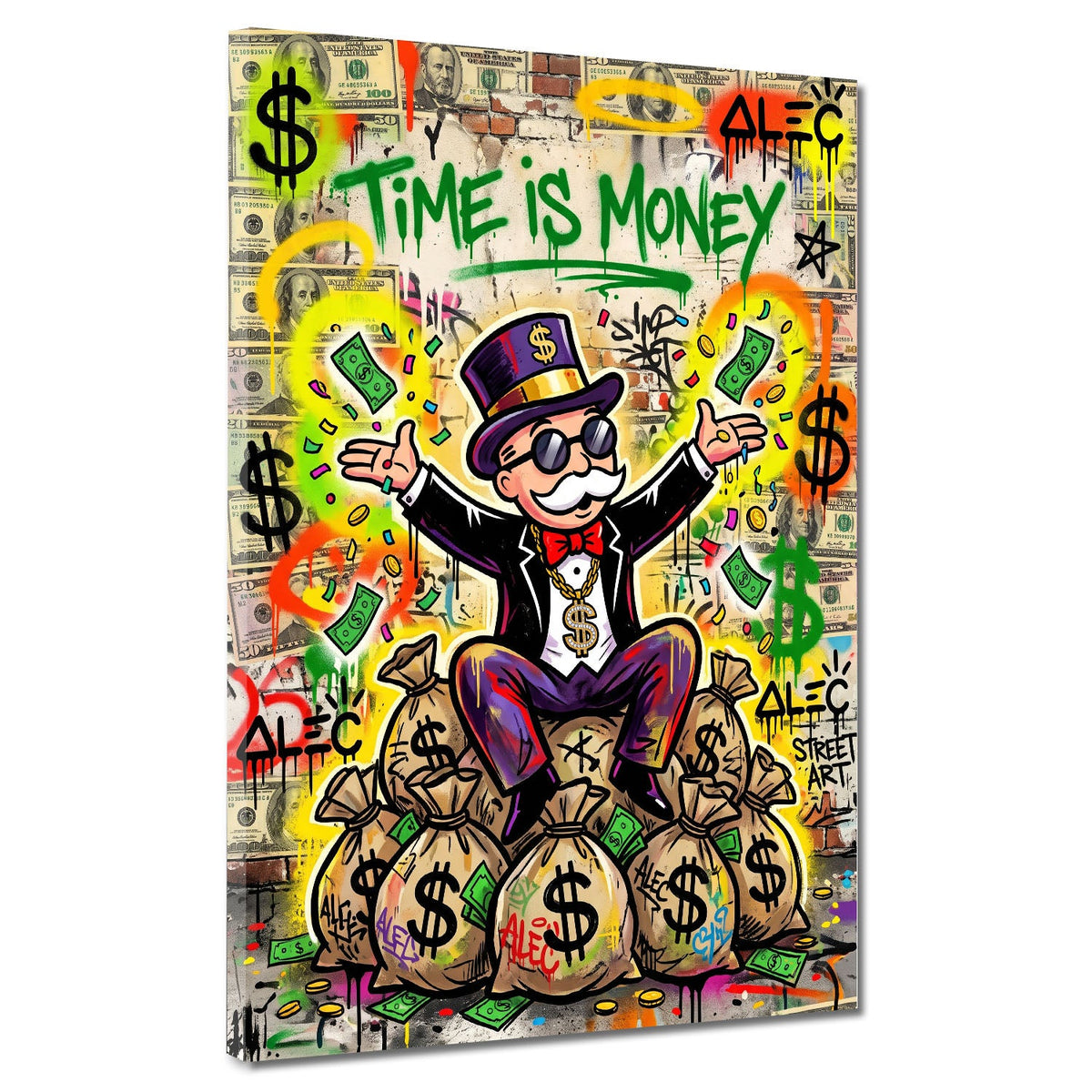 Millionär mit Zylinder auf Geldsäcken Time is Money Pop Art Wandbild