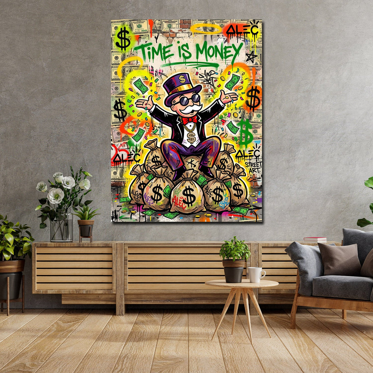 Millionär auf Geldsäcken Time is Money Wandbild an der Wand im Raum