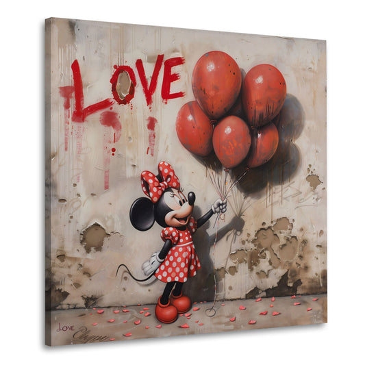 Comic Maus mit roten Luftballons und Love Schriftzug Wandbild