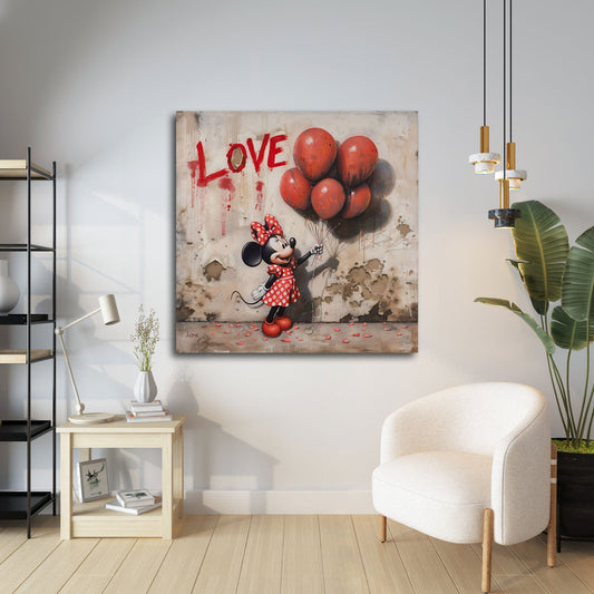 Comic Maus mit roten Luftballons und Love Schriftzug Wandbild