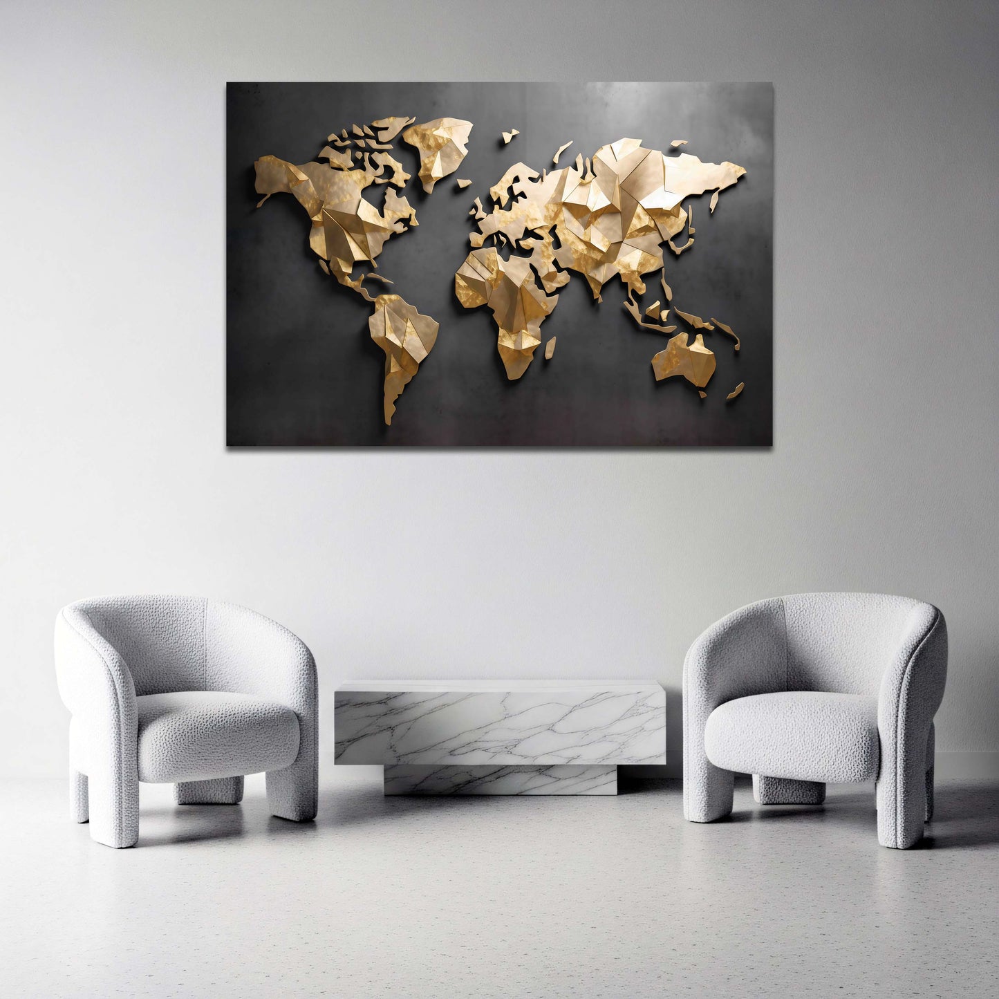 Moderne Weltkarte mit goldener abstrakter Geometrie Wandbild