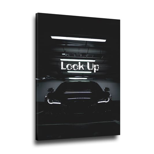 Sportwagen Wandbild mit Neonschriftzug Look Up