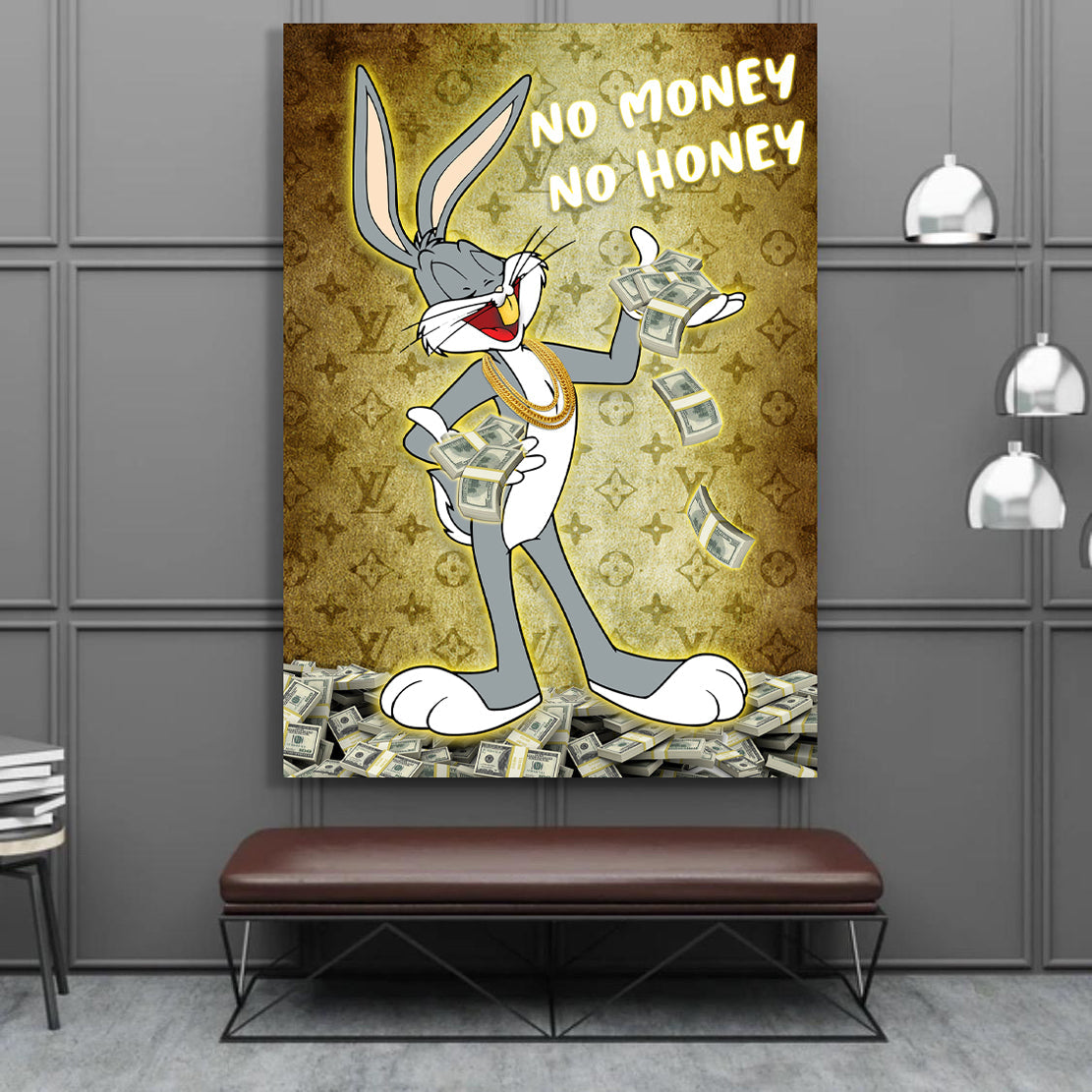 Comic Hase mit Geldscheinen auf Alu-Dibond im Wohnraum