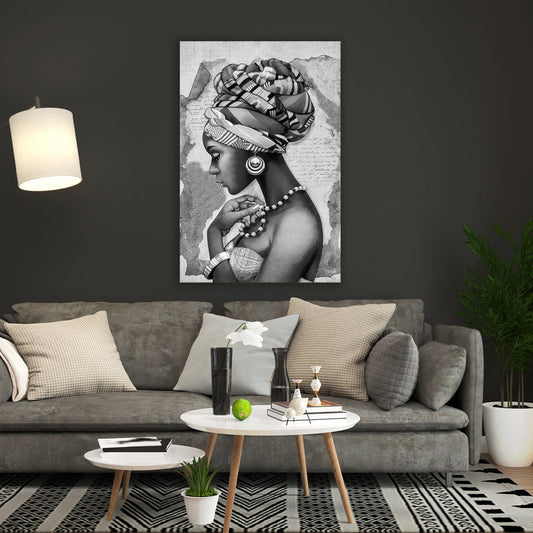 Afrikanische Frau schwarz-weiß als Acrylglasbild im Wohnzimmer