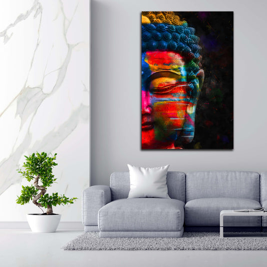 Buddha Pop Art als Acrylglasbild im Wohnzimmer